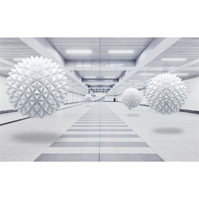Белый ангар с шарами - 3D фотообои|3D расширяющие пространство