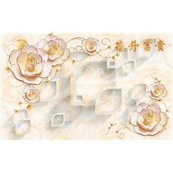 Розы с позолотой - 3D фотообои|3Д обои для зала