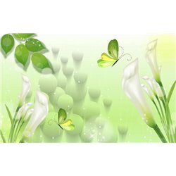 Салатовые бабочки над цветами - 3D фотообои|3Д обои на кухню