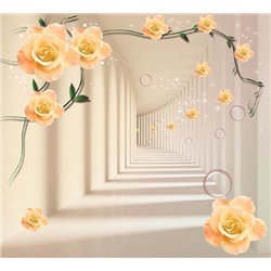 Коридор в желтых цветах - 3D фотообои|3Д обои для зала