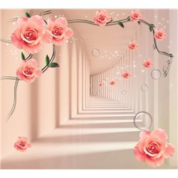 Коридор в розовых цветах - 3D фотообои|3Д обои для зала