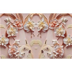 Фарфоровые орхидеи на розовой стене - 3D фотообои|3D цветы