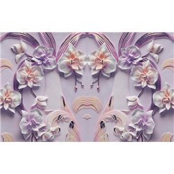 Фарфоровые орхидеи на сиреневой стене - 3D фотообои|3D цветы