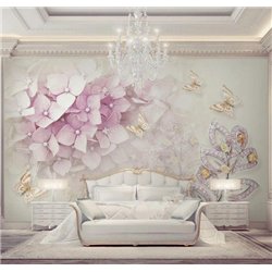Розовые цветы и бабочки - 3D фотообои|3D цветы