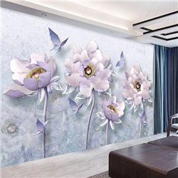 Бабочки над сиреневыми цветами - 3D фотообои|3D цветы