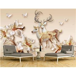 Олени в цветах - 3D фотообои|3D цветы