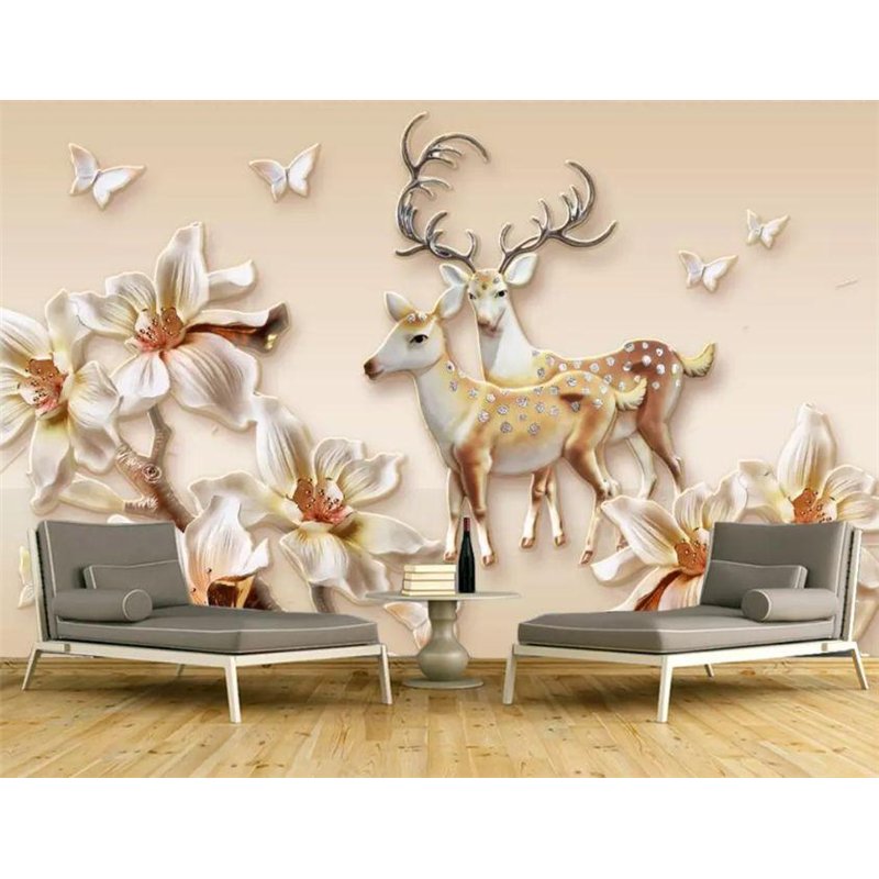 Олени в цветах - 3D фотообои|3D цветы