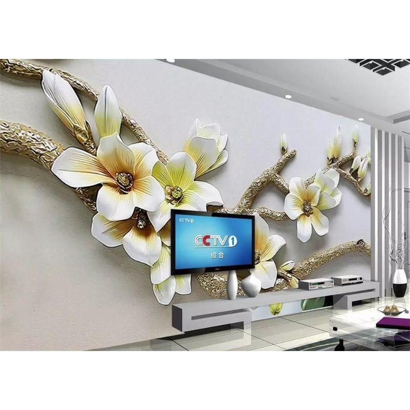 Ветка с белыми цветами - 3D фотообои|3D цветы