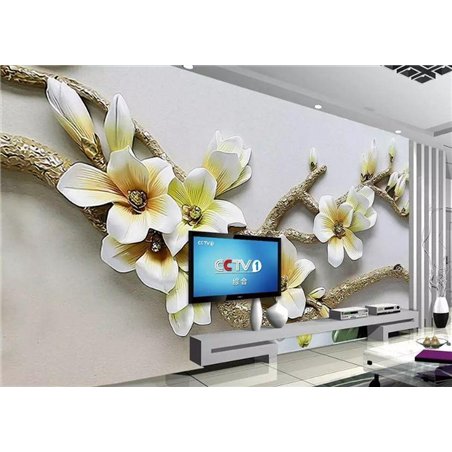 Ветка с белыми цветами - 3D фотообои|3D цветы