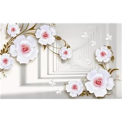 Белые цветы с розовой серединкой - 3D фотообои|3Д обои в спальню