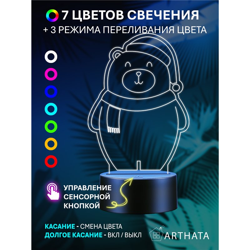 Детский ночник новогодний светодиодный Мишка в колпаке
