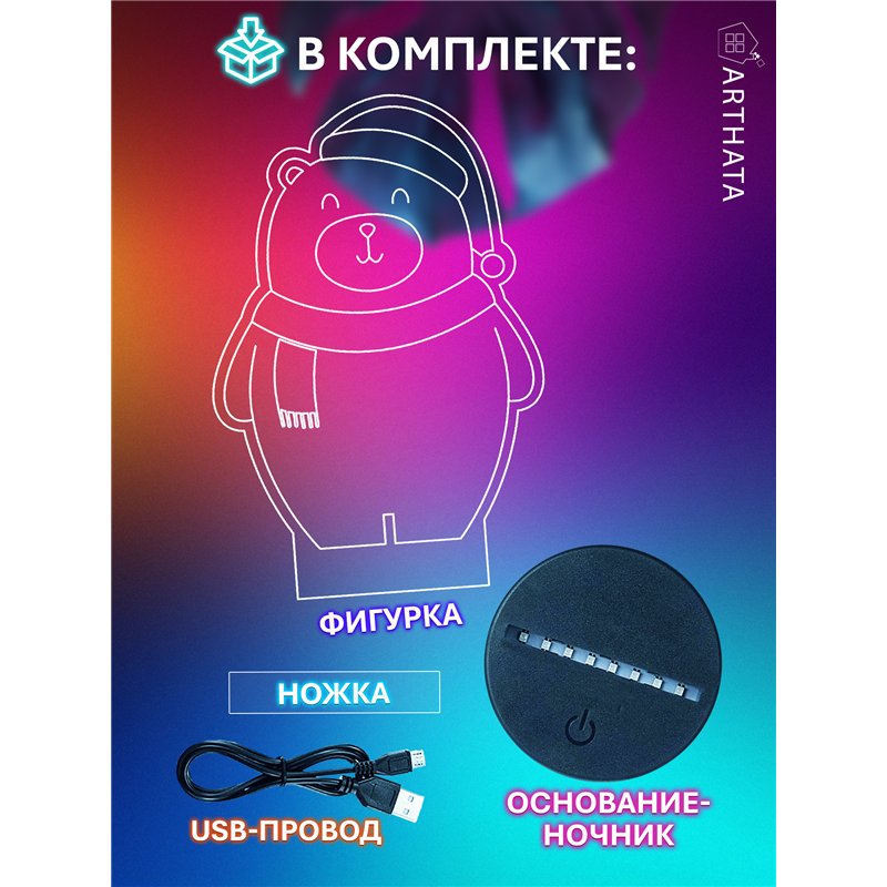 Детский ночник новогодний светодиодный Мишка в колпаке