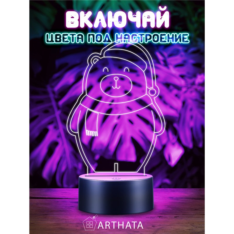 Детский ночник новогодний светодиодный Мишка в колпаке