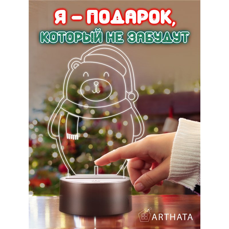 Детский ночник новогодний светодиодный Мишка в колпаке