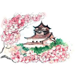 японский дом и сакура - Фотообои Иллюстрации - Модульная картины, Репродукции, Декоративные панно, Декор стен