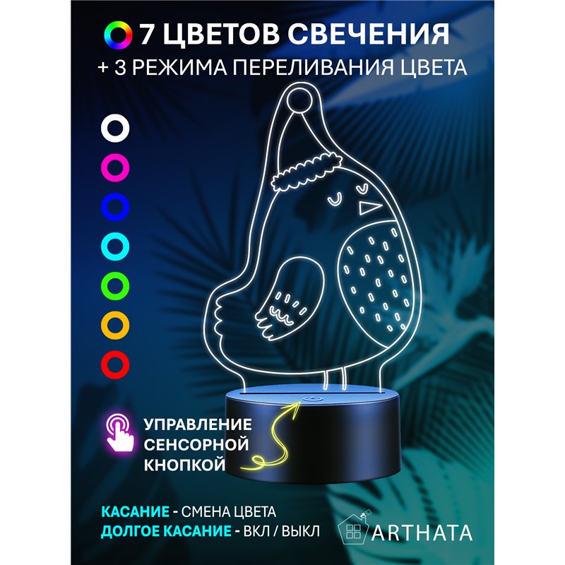 Детский ночник новогодний на батарейках Птица колпаке
