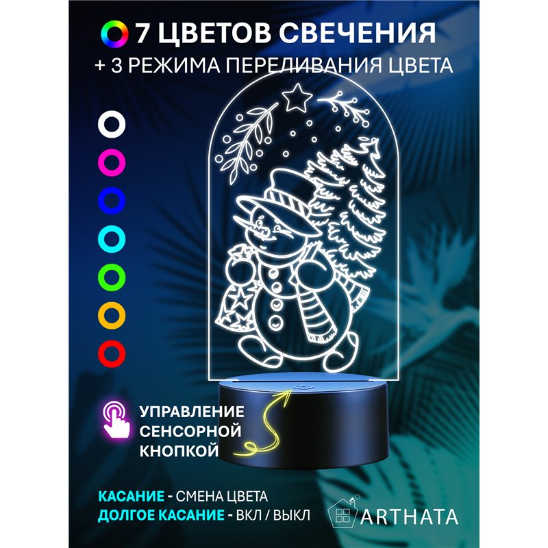 Новогодний детский ночник беспроводной Снеговик с елкой