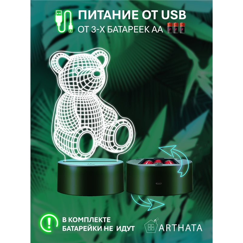 Светодиодный светильник детский ночник фигурка 3д Медведь