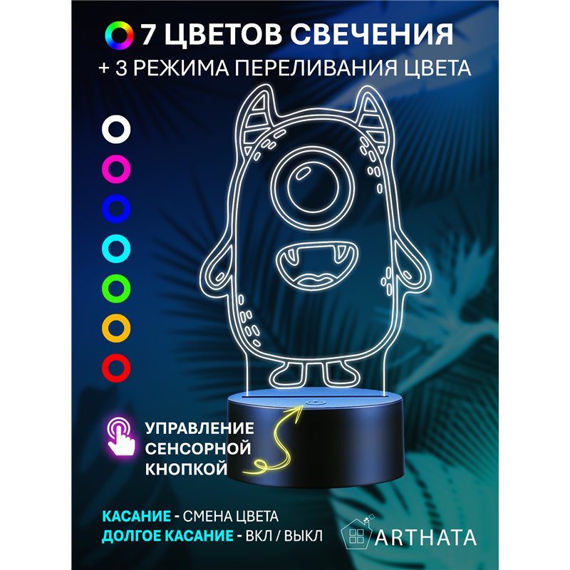 Светодиодный детский ночник на батарейках монстр циклоп