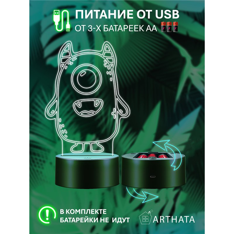 Светодиодный детский ночник на батарейках монстр циклоп