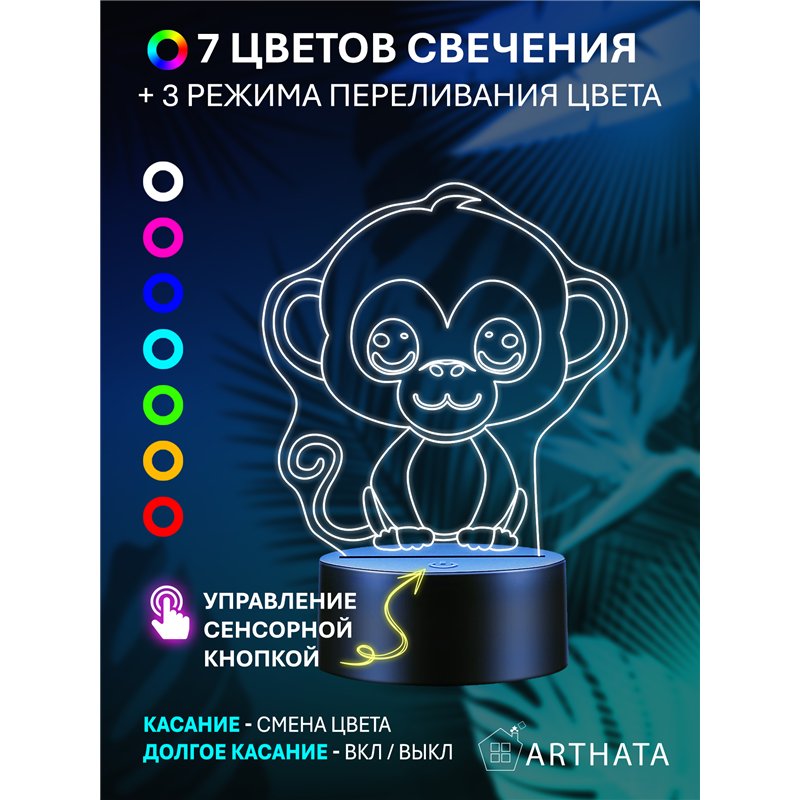 Детская лампа ночник на батарейках светодиодная обезьяна