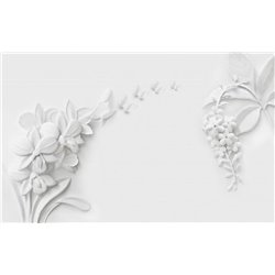 Белые цветы на стене - 3D фотообои - Модульная картины, Репродукции, Декоративные панно, Декор стен