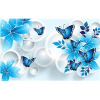 Портреты картины репродукции на заказ - Синие цветы с бабочками - 3D фотообои
