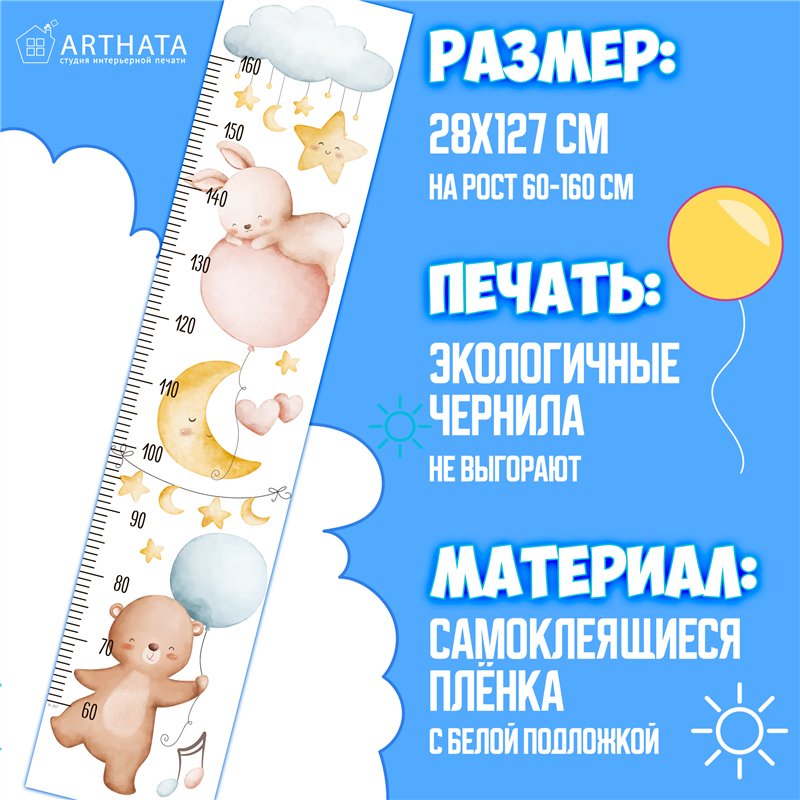 Ростомер на стену наклейка в детскую с зверями 28х127см