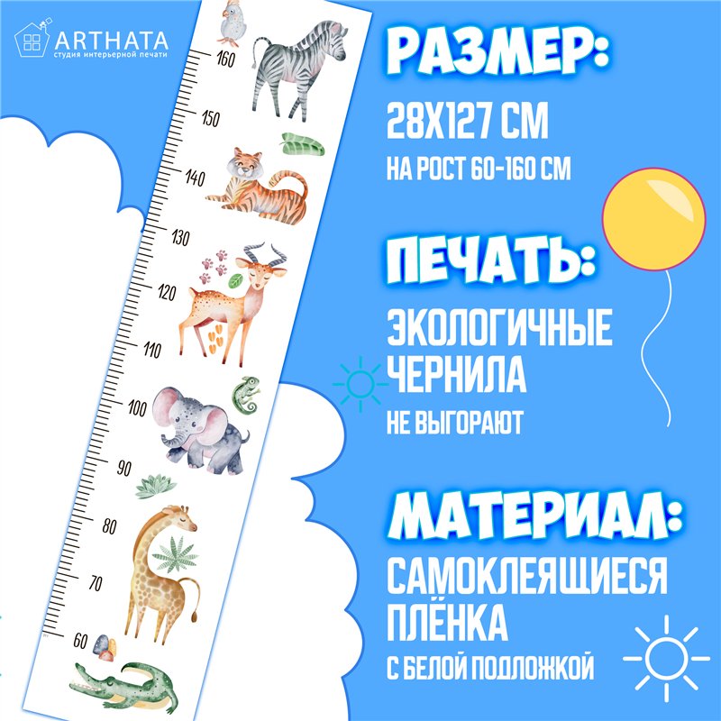 Подарок мальчику наклейка на стену ростомер звери 28х127см