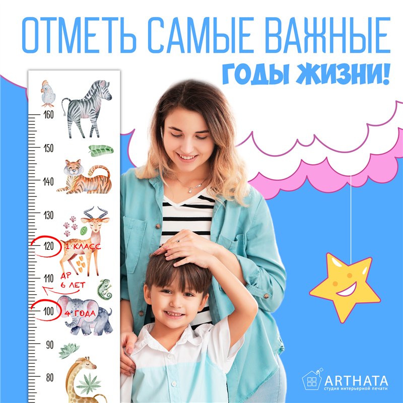 Подарок мальчику наклейка на стену ростомер звери 28х127см