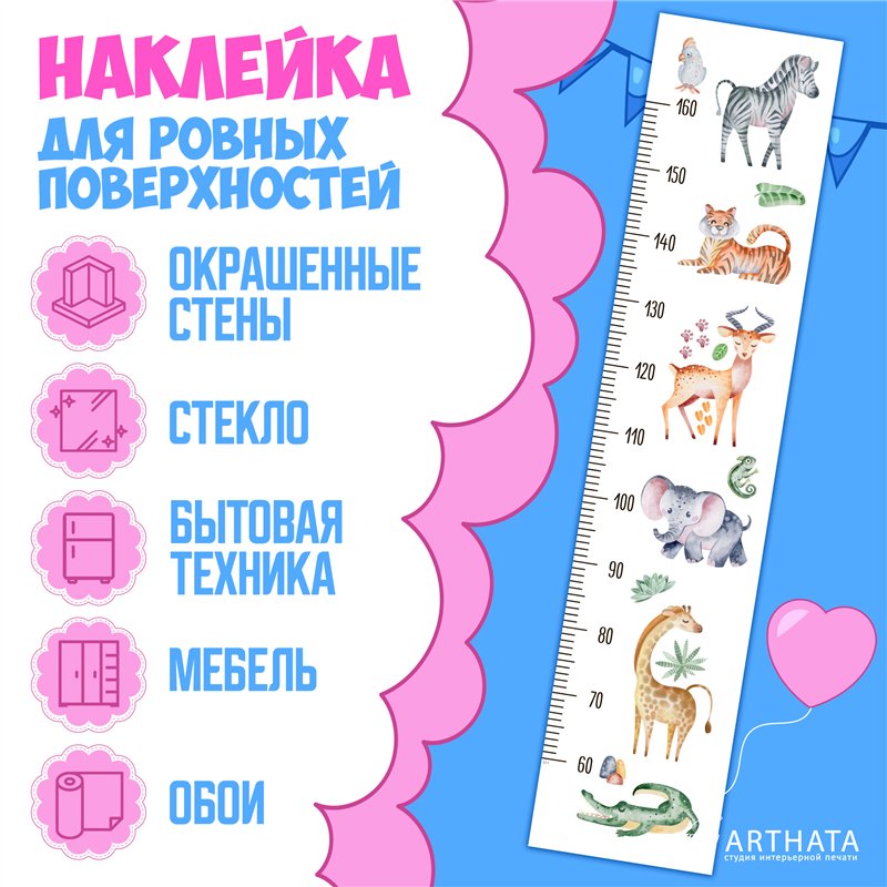 Подарок мальчику наклейка на стену ростомер звери 28х127см