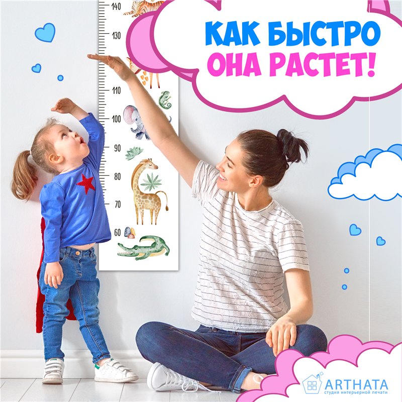 Подарок мальчику наклейка на стену ростомер звери 28х127см