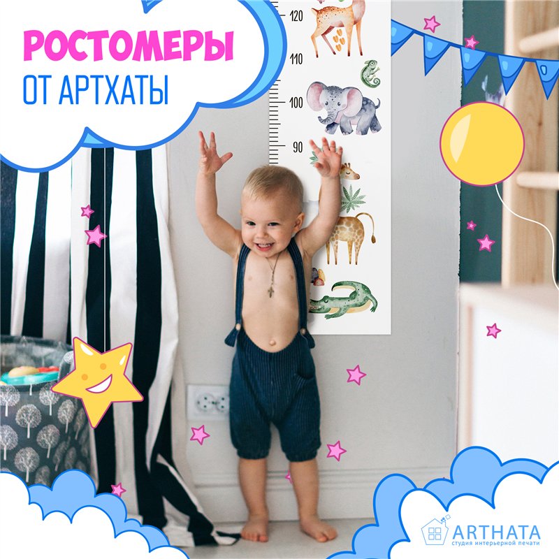 Подарок мальчику наклейка на стену ростомер звери 28х127см