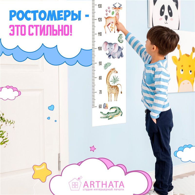 Подарок мальчику наклейка на стену ростомер звери 28х127см