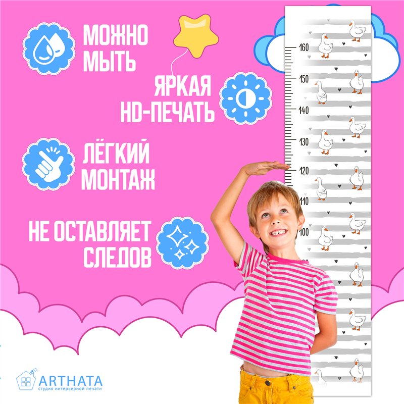 Наклейка на стену ростомер в детскую мальчику гуси 28х127см