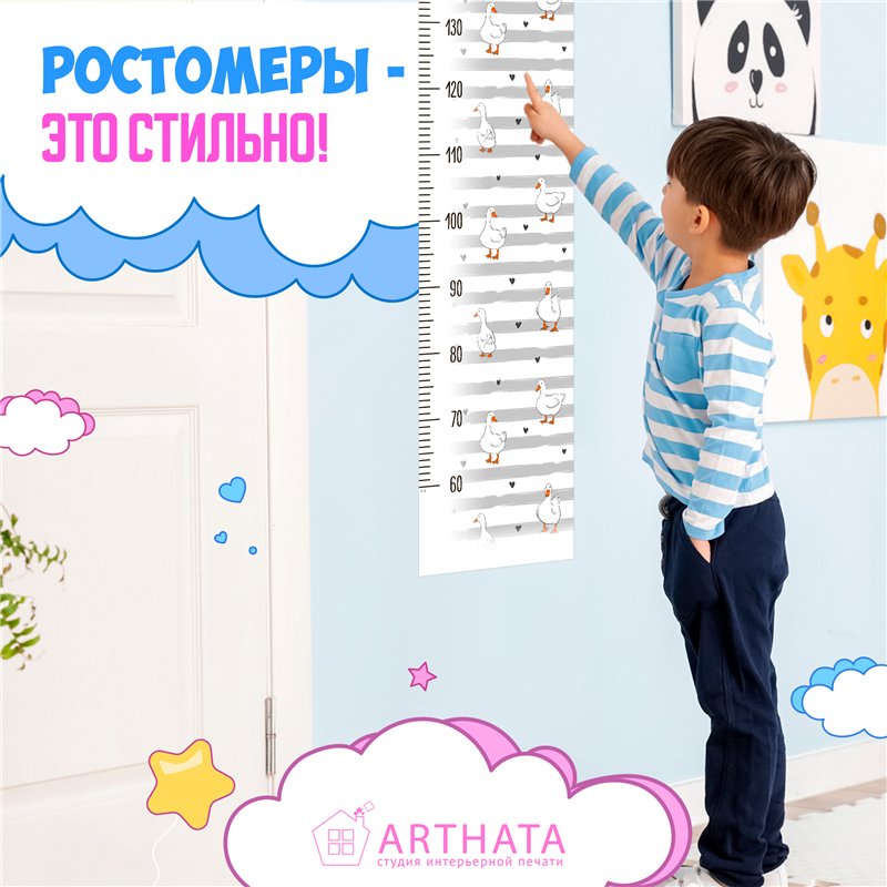 Наклейка на стену ростомер в детскую мальчику гуси 28х127см