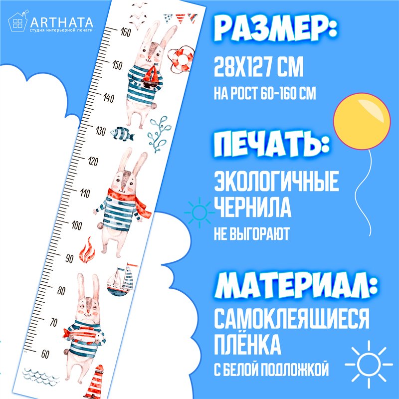 Подарок мальчику наклейка на стену ростомер заяц 28х127см