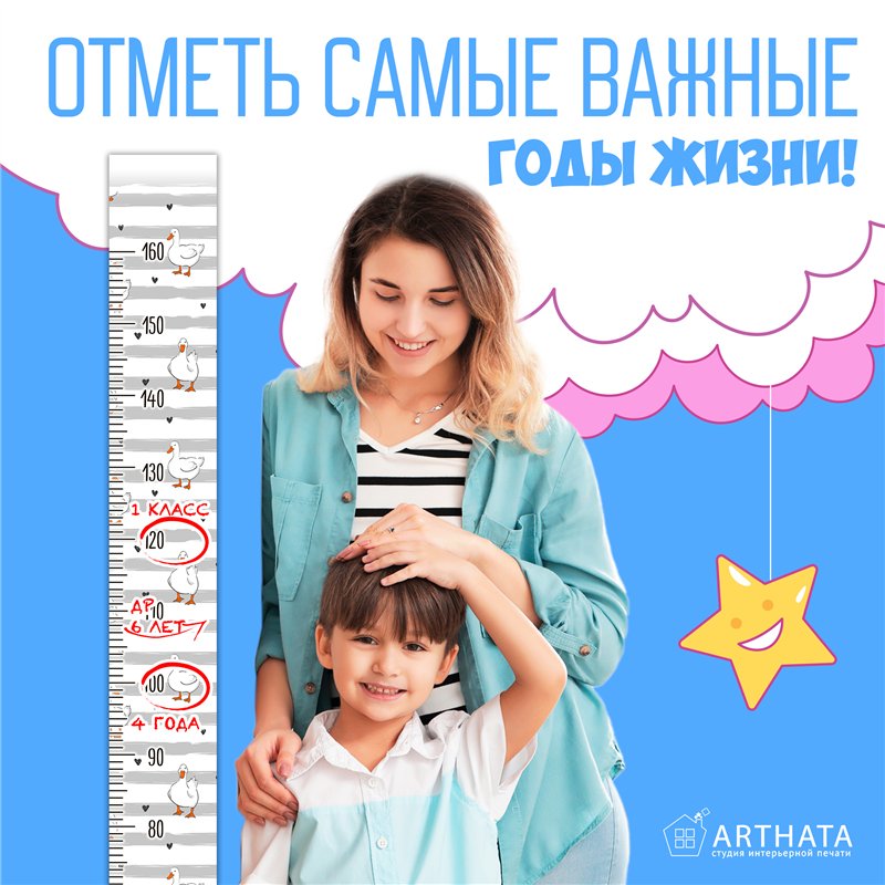 Пождарок для ребенка наклейка с ростомером на стену 15х127см