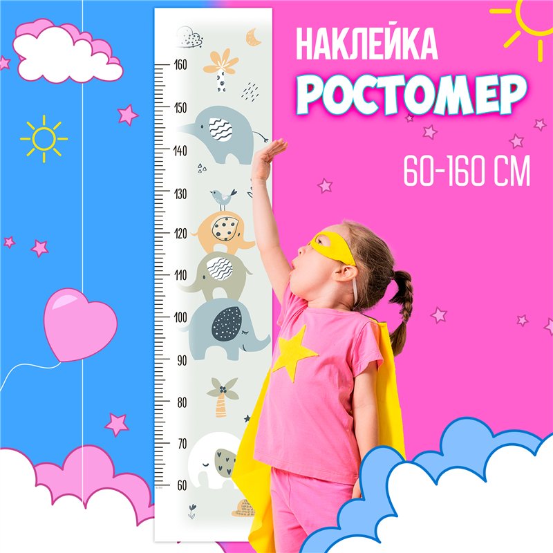 Наклейка на стену для маличка ростомер с слонами 28х127см