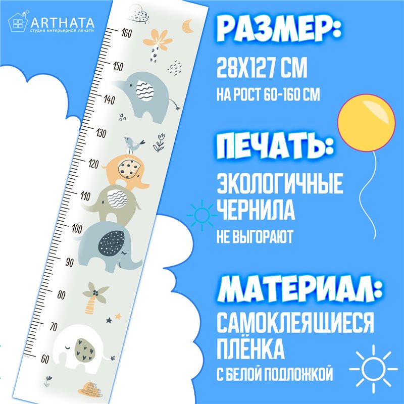 Наклейка на стену для маличка ростомер с слонами 28х127см