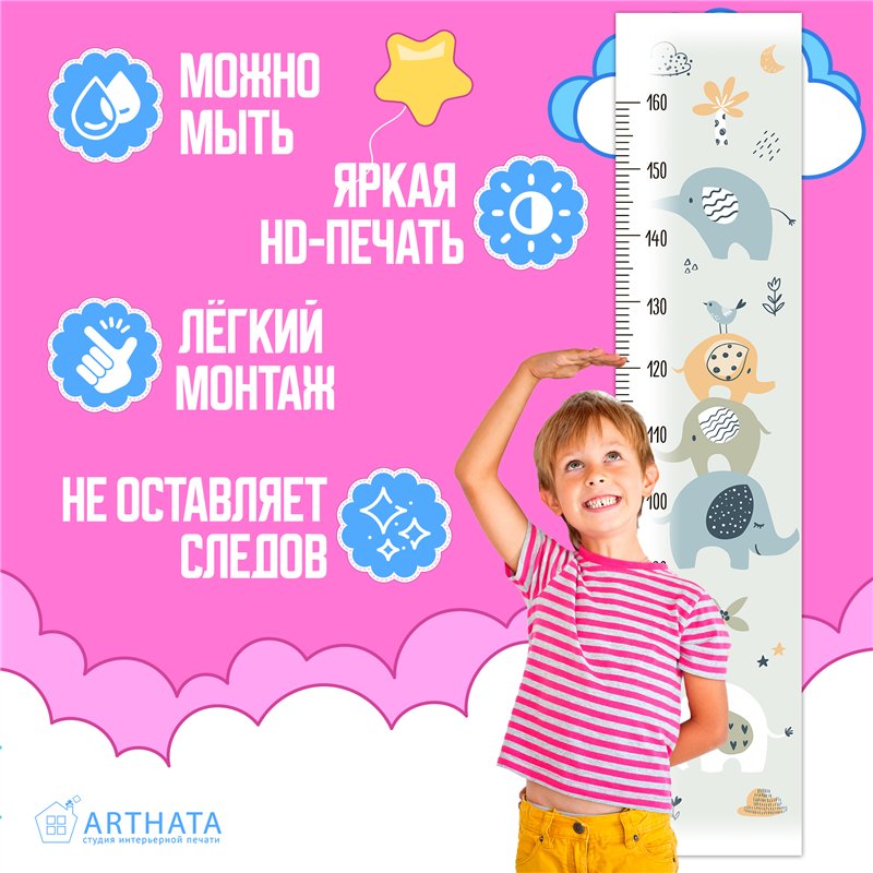 Наклейка на стену для маличка ростомер с слонами 28х127см