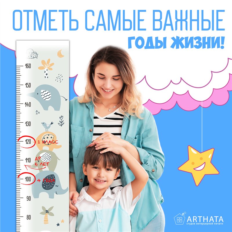 Наклейка на стену для маличка ростомер с слонами 28х127см
