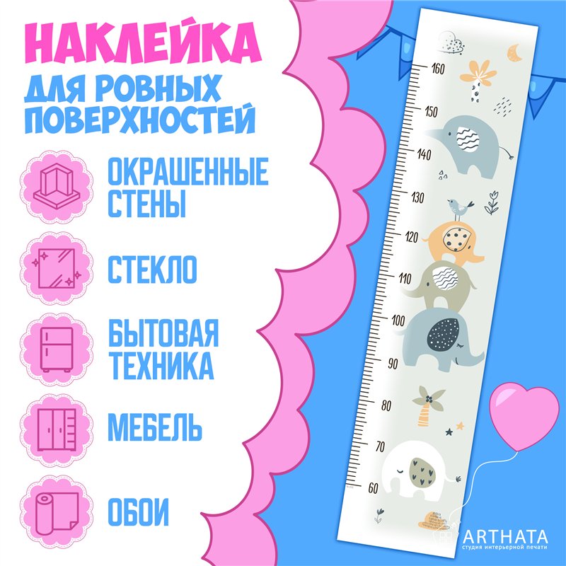 Наклейка на стену для маличка ростомер с слонами 28х127см