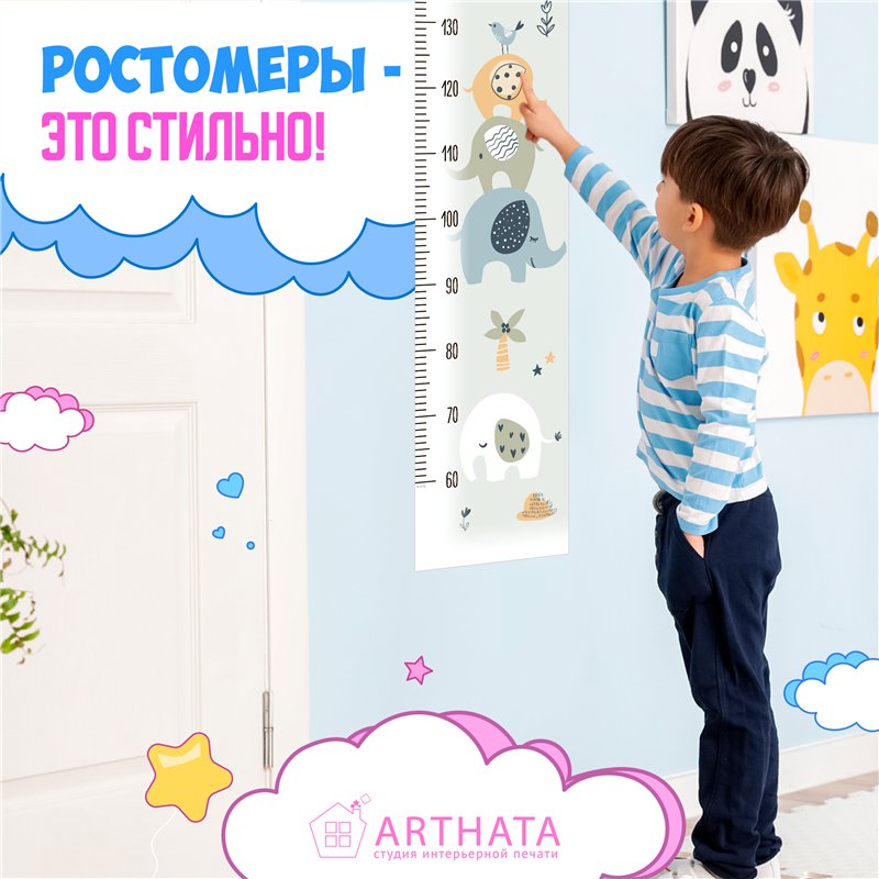 Наклейка на стену для маличка ростомер с слонами 28х127см