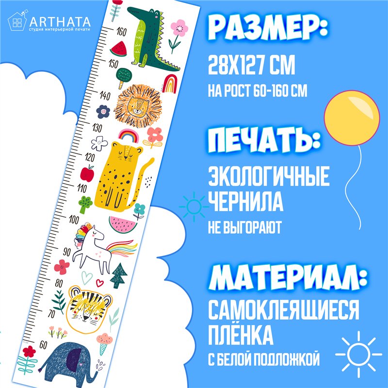 Наклейка на стену с ростомером в детскую с зверями 28х127см