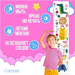 Наклейка на стену с ростомером в детскую с зверями 28х127см