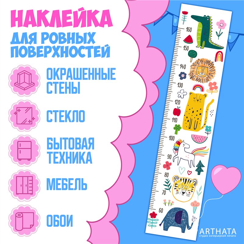 Наклейка на стену с ростомером в детскую с зверями 28х127см