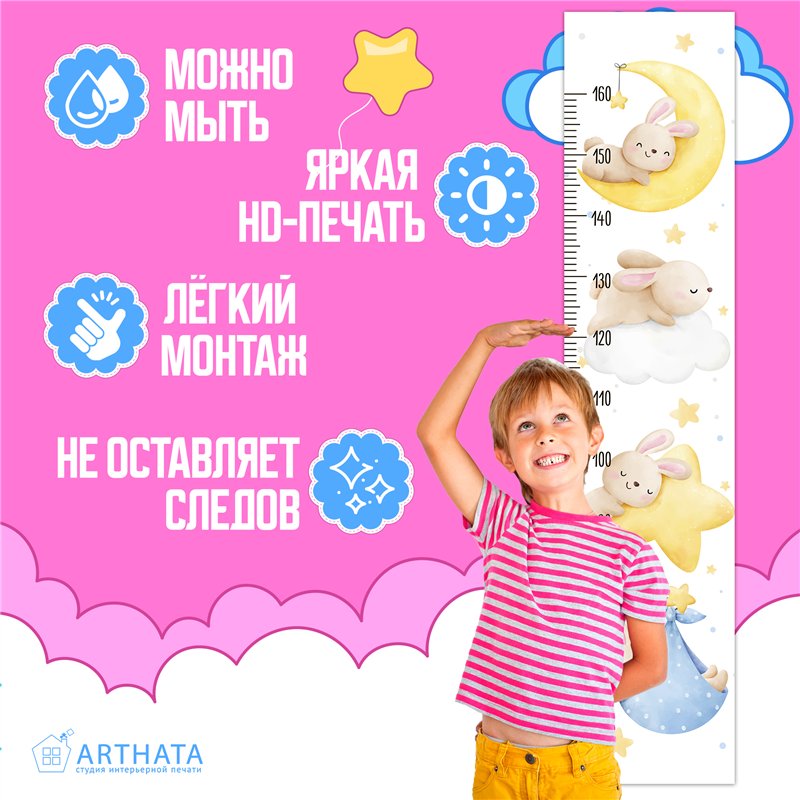 Наклейка на стену ростомер деткий с зайчиками 28х127см