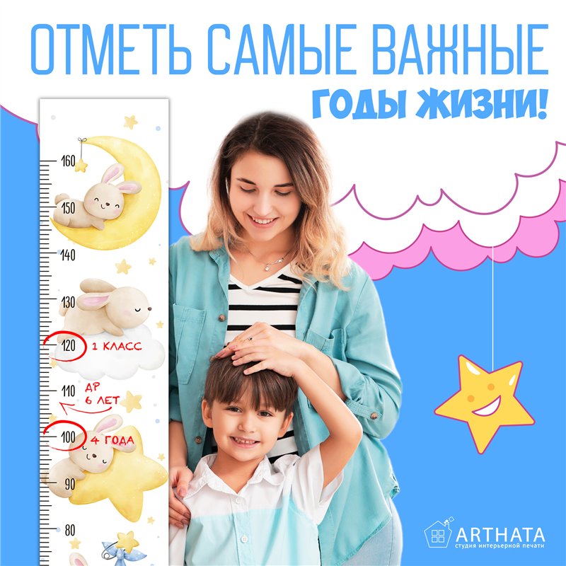 Наклейка на стену ростомер деткий с зайчиками 28х127см