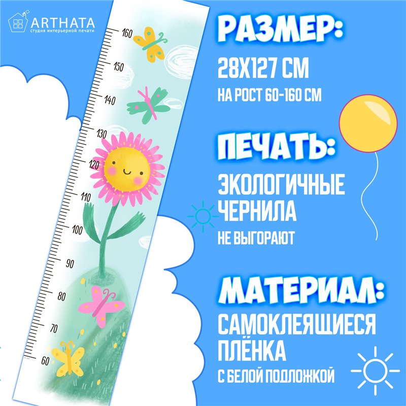Навклейка ростомер в детскую для девочки цветок 28х127см